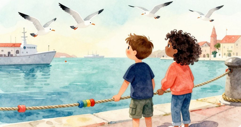 科爾與維奧拉齊聚欣賞彩帶繩索,海鷗飛舞留下輕快影子,溫馨港口晨光中充滿滿足與喜悅。