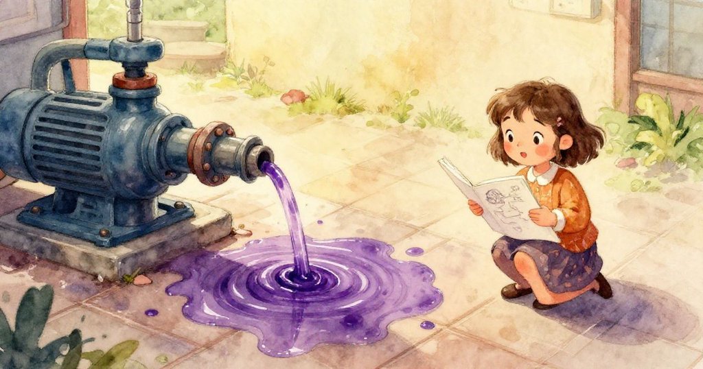 Faye 的鞋子踩在閃亮的瓷磚上，紫色染料旋轉流動，顯得細膩且充滿故事感。