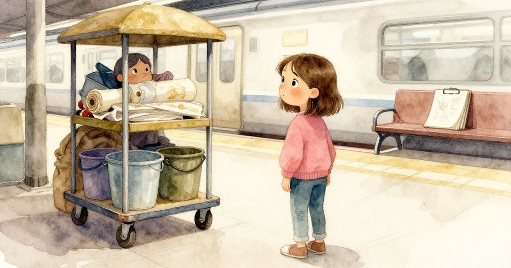 背後畫面展示 Faye 注視著拖著桶與海報的推車，平台環境細節豐富，神情充滿緊張與計劃。