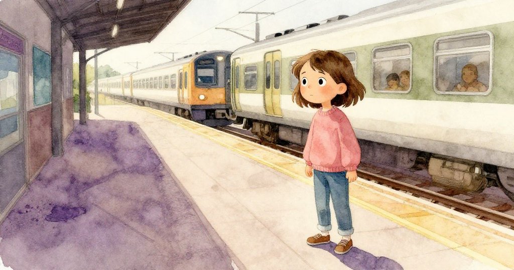 平台上紫色染液擴散至軌道邊，車站光影變換，Faye 臉上露出焦急與急切準備迎接火車的神情。