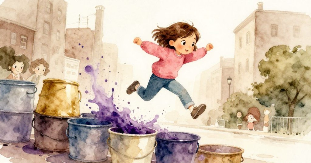 Faye 奮力跨越堆疊的桶子，桶子碰撞濺起染液，她眼中充滿決心與快樂挑戰精神。