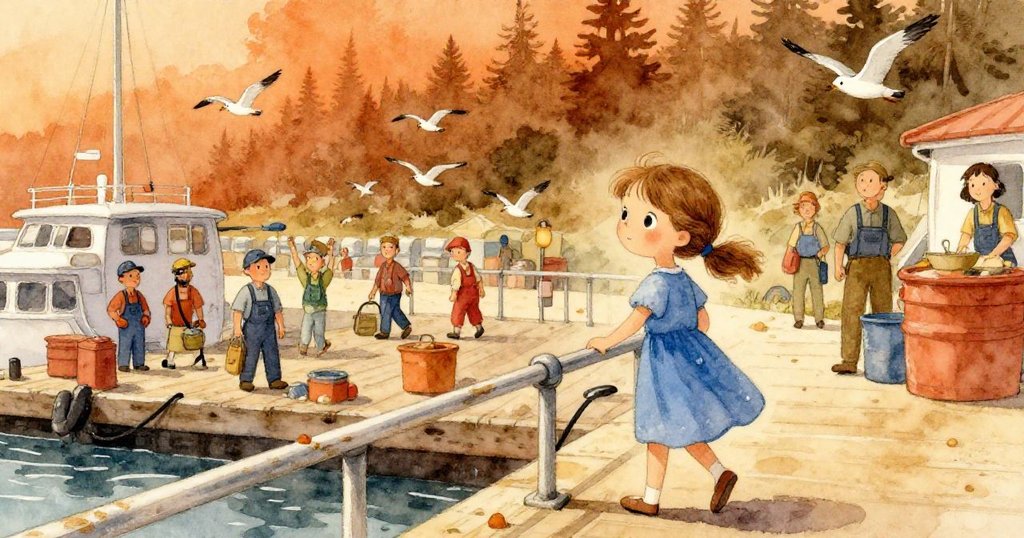 Pearl在熱鬧的碼頭上漫步,手觸帶著鹹味的欄杆,周圍有工作者和海鷗,背景陽光溫暖。