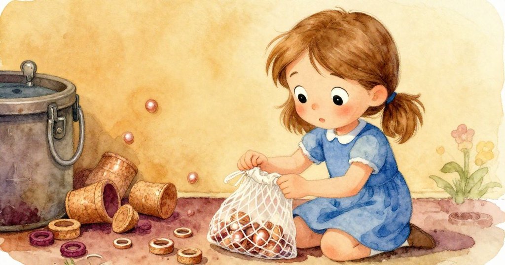 Pearl蹲在碼頭旁的小容器邊,打開網袋仔細檢查閃亮的軟木圈,眼神充滿好奇與期待。