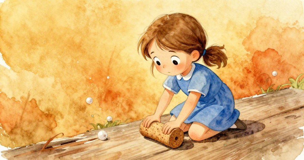 低角度鏡頭下,Pearl蹲在老舊木板上用力滾動軟木圈,面容專注,木板與光影交織呈現冒險氣氛。