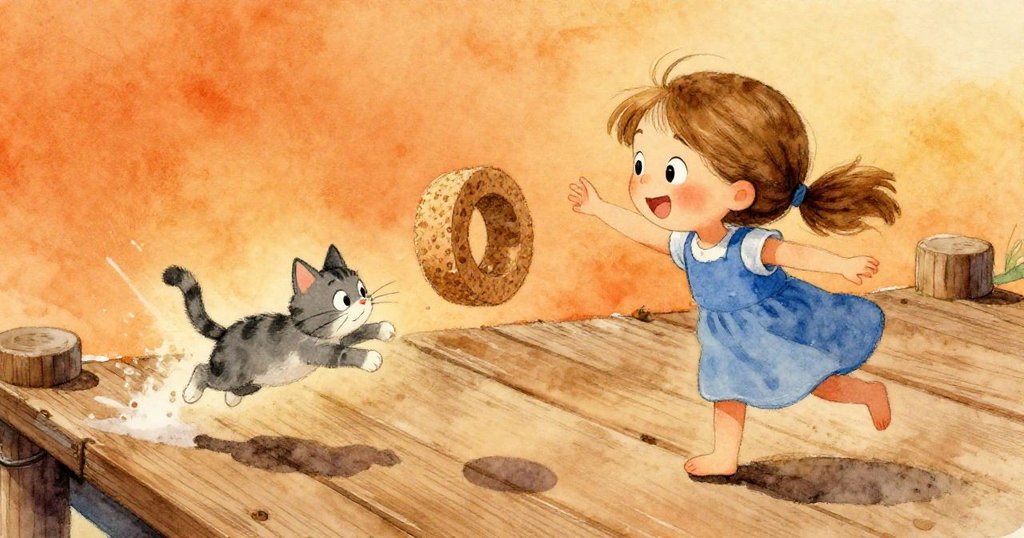 Pearl與灰貓在碼頭上互動,灰貓奔跳輕觸滾動軟木圈,兩者神情愉悅,背景散發溫暖陽光與木質質感。