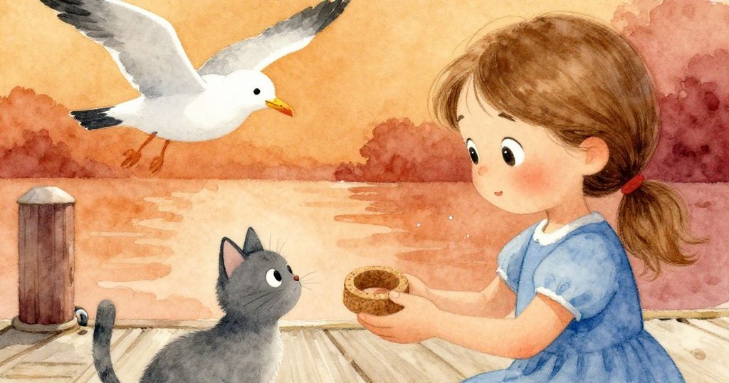 Pearl溫柔地將最後一枚軟木圈遞給好奇的灰貓,旁邊有海鷗低飛,整齊排列的五枚軟木圈見證了她的成就。