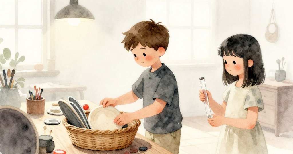 Kent 在晨霧中於工作台前放置籃子，Pearl 小心持著玻璃管，室內柔光照耀，充滿期待和溫暖感。