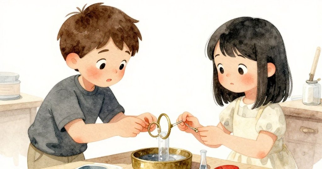 Pearl 與 Kent 專注測試玻璃管音調，近鏡捕捉他們眼神充滿求知與期待，背景柔和呈現工作室細節。