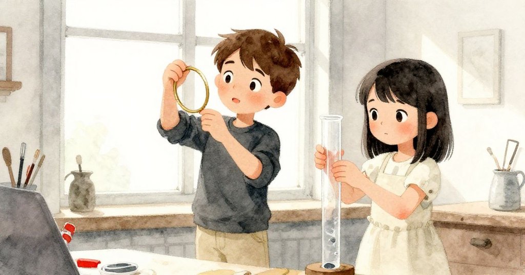 從低角度看，Kent 與 Pearl 靠近窗邊調整玻璃管與銅環，背景自然光透入，兩人神情堅定。