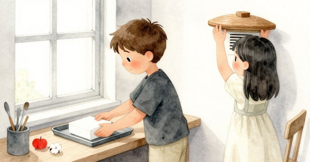 在窗邊隱蔽角落，Pearl 輕放棉布降低回音，Kent 精心調整木蓋，室內光線柔和，環境充滿細節。