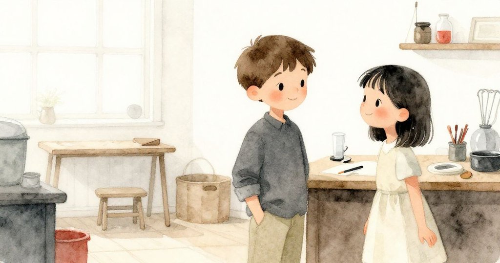 在寧靜工作室中，Kent 與 Pearl 微笑告別噪音，室內光線溫暖柔和，完成音律捕捉，氛圍和諧平靜。