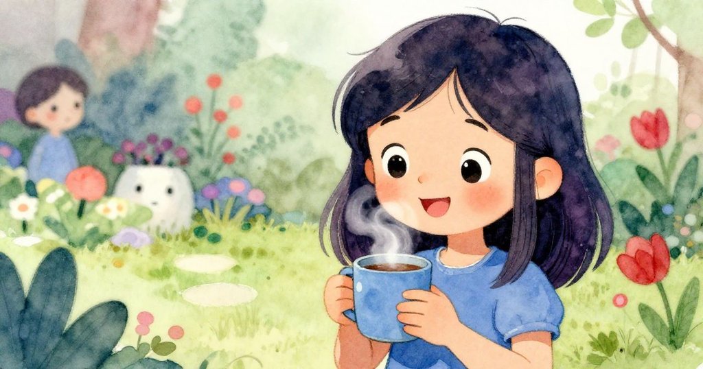 リリーが青いマグカップを手にし、湯気が立ち上る中、明るく喜ばしい表情で庭の背景を優しく見つめる様子が描かれています。
