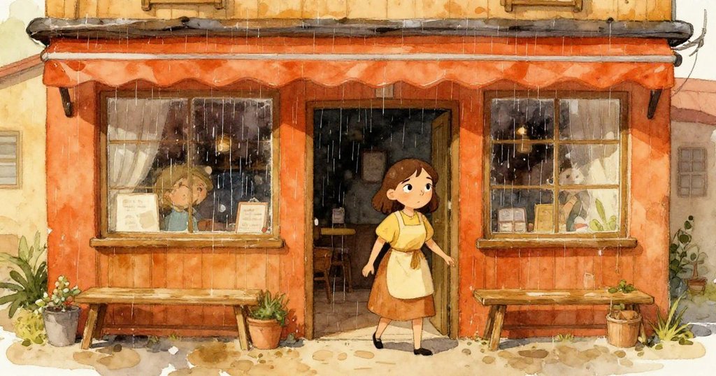 雨に濡れる外観のレストラン玄関付近で、ロサが足元を踏み出しながら期待と静けさを感じさせる情景。