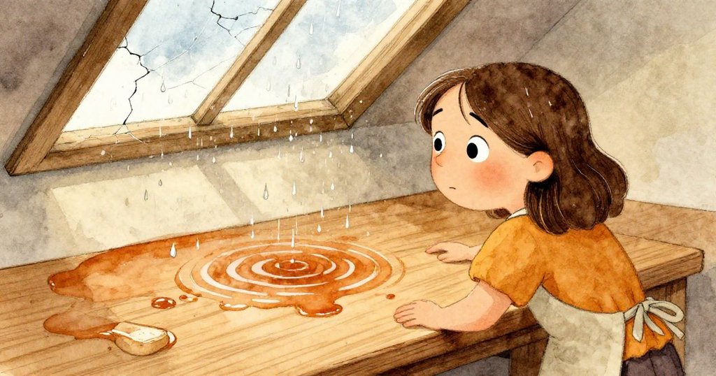 背後から見たロサが、ひび割れた天窓から降る雨と共に、塗料が波打つ板に向かってかがむ様子が情熱的に表現される。