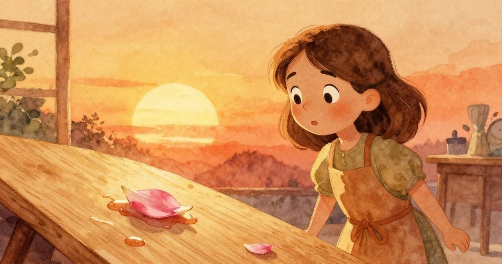 夕暮れの温かな光の中で、ロサが完成した作品を見守りながら、板に浮かぶピンクの花びらと渦巻く塗料の美しさに心を打たれる情景。