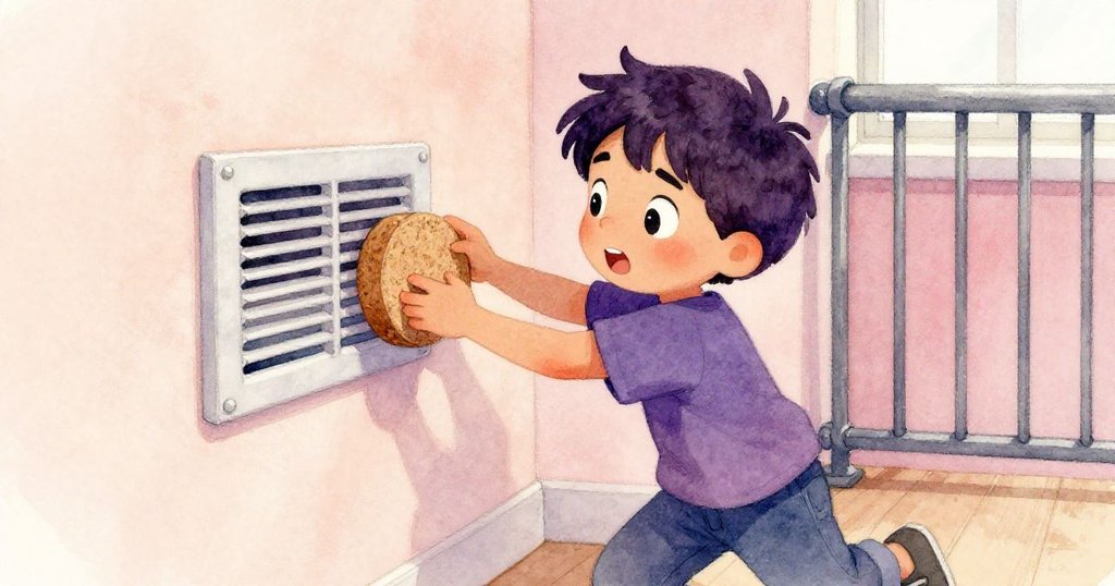 ザネが集中した表情で通気口と金属棒の間にコルクパッドを巧みに差し込み、雑音を静めようと決意する瞬間を描いたシーン。