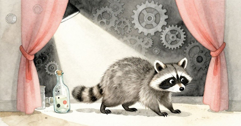 リッキーのアライグマが暗い控室の片隅へ瓶を引き寄せ、銀糸で縫われたカーテン模様に魅了される神秘的な瞬間。