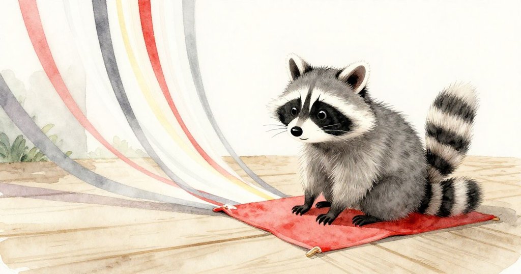 舞台の上で光のリボンが床を彩る中、リッキーのアライグマが未来への希望と冒険心を胸に、前方の開かれた道をじっと見つめる姿。