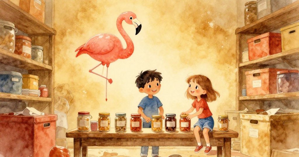夕暮れの倉庫で、ヴァンスとピアが整えた瓶を見ながら微笑み、漂うピンク風船とともに一日の終わりを温かく告げる和やかなシーン。