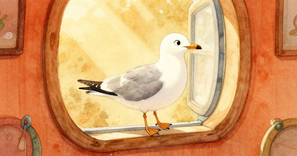 窓際にある室内で、Gull Aが翼を広げながら窓枠を通過し、暖かい光と風で紙がふわりと舞う情景。
