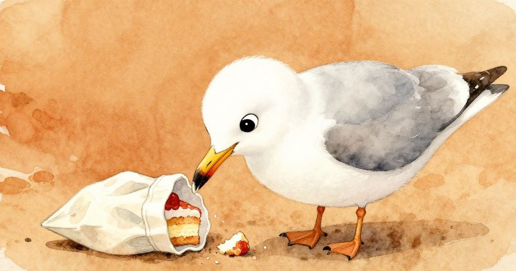 Gull Aがテーブルの上の紙袋の中のケーキくずをついばんで、好奇心あふれる表情で目を輝かせている近接描写。