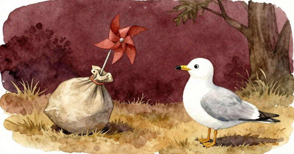 Gull Aの肩越しに見える袋が膨らみ、風の力で色鮮やかなピンホイールが回転し始める、温かい室内の情景。
