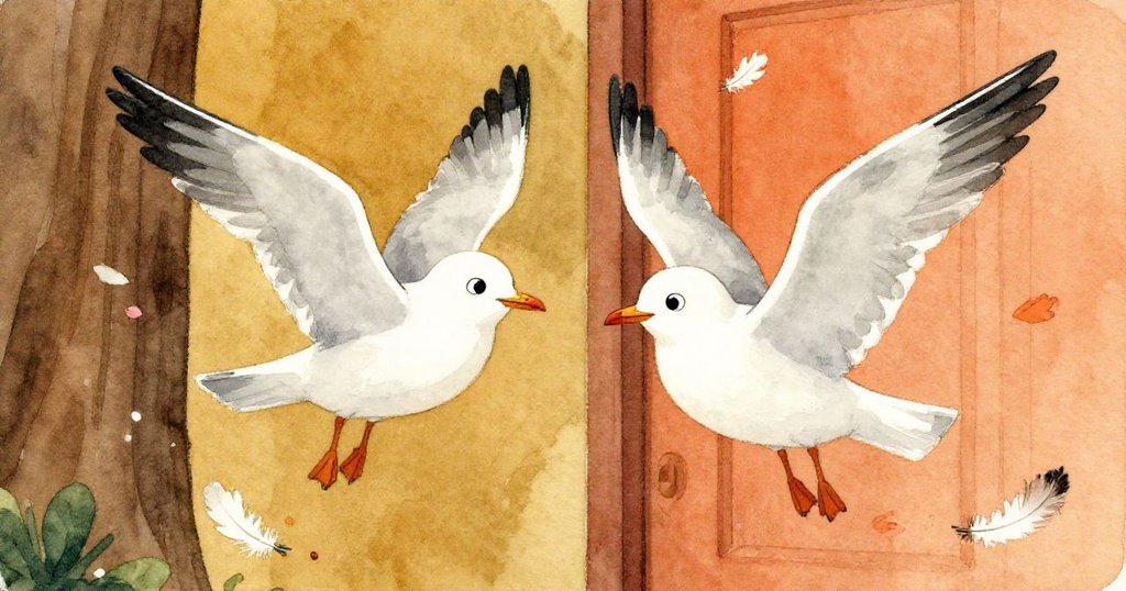 Gull AとGull Bがランプルームの入口付近で躍動的に飛びながら、翼の動きで花びらと小さな羽が勢いよく舞い上がる情景。
