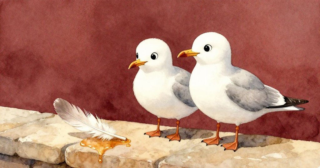 Gull AとGull Bが温かい石の窓枕に寄り添い、甘いアイシングにひっかかる淡い羽を見つめる穏やかな再会の情景。