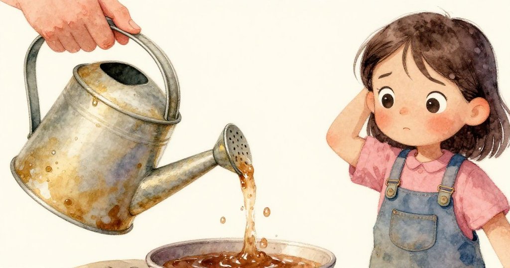 나디아의 손이 부드러운 빛 아래서 물과 갈색 비료가 만나는 물뿌리개의 세밀한 디테일을 조심스럽게 다루는 클로즈업 장면, 신중한 표정