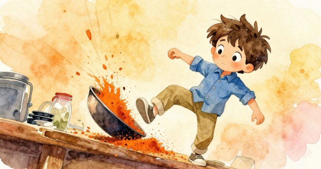 무대 소품 테이블 위에서 향신료가 흐르며 기울어진 시점에서 트로이가 긴장하며 균형을 잡으려는 모습이 역동적으로 표현됨