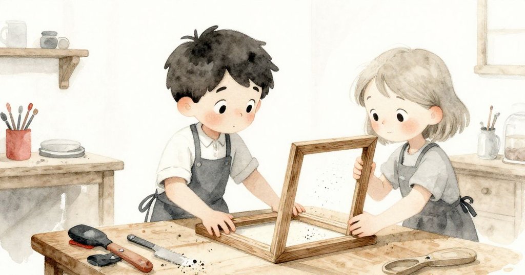 Samがざらざらした作業台に手を触れ、Lilyが古い樫の額縁を丁寧に置く工房で、ふわふわとした木くずが漂う温かい情景。