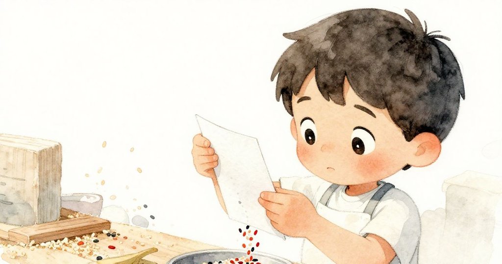Samが真剣な眼差しで紙を折り、細かな米を注ぐアップショット。作業台の木屑と温かい光が背景に広がる。