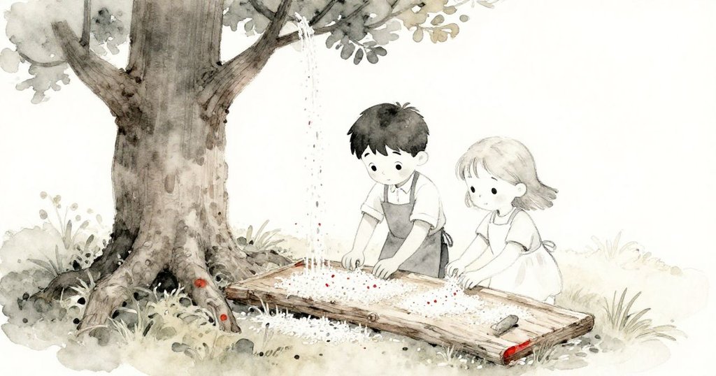 高い視点からSamとLilyが額縁上で流れ落ちる米と塩を調整する様子が見え、木くずと光が温かく広がる瞬間。