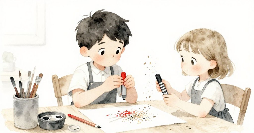 Samがエプロンで指を拭き、Lilyが完成した粒の縞模様を見つめる中、風が色を舞い上げる穏やかな工房の最後の瞬間。