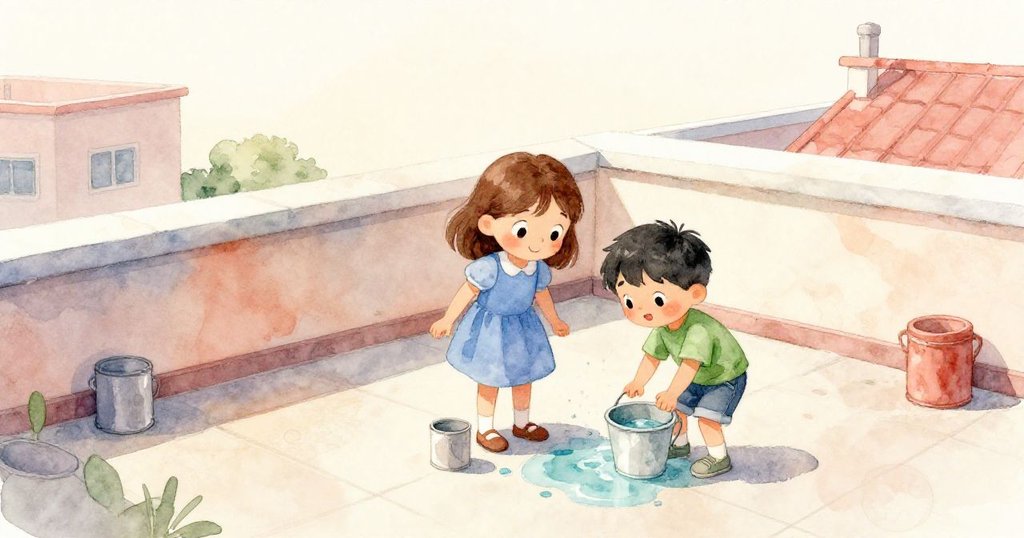 サラとオスカーが雨上がりの屋上でバケツと絵の具缶を持ちながら、濡れたタイルの上に新たな冒険を始める様子が描かれています。