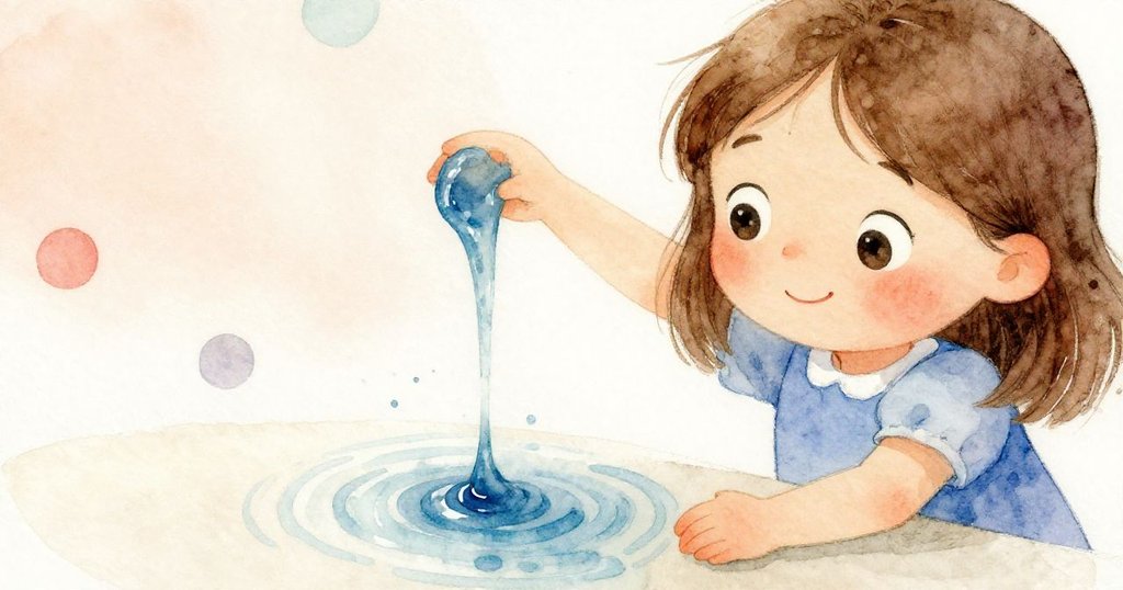 サラが青い絵の具缶を傾け、濡れた水面に色を落とすとき、その好奇心あふれる表情が際立つ瞬間が描かれています。