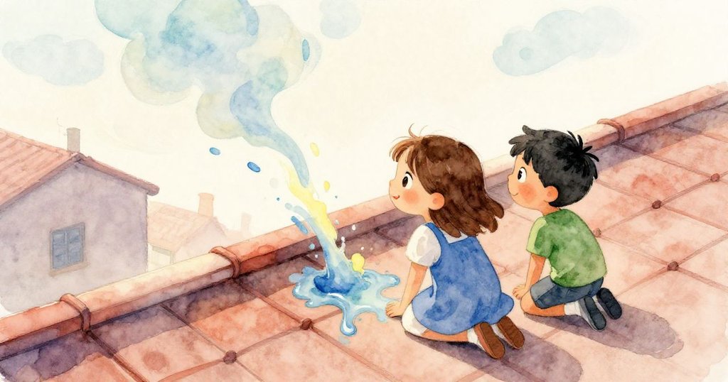 高い位置から見下ろし、サラとオスカーがタイルの上で混ざり合う青と黄色の絵の具の渦に見入る様子が描かれています。