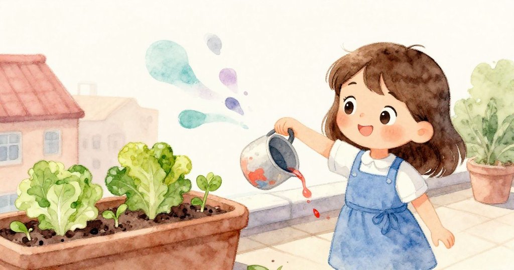 サラが鉢植えのそばで絵の具の流れを巧みに操り、タイル上で鮮やかに広がる色彩と新鮮な葉のコントラストを生み出す瞬間です。