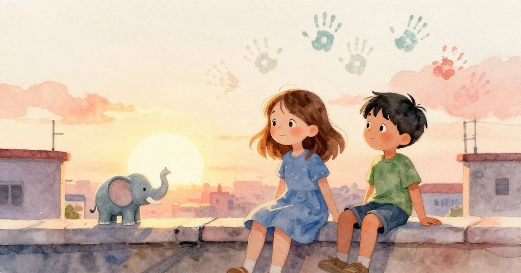 夕日の柔らかな光の中、サラとオスカーが完成したカラフルな地図と小さな象を静かに見つめ、穏やかな満足感に包まれる場面が描かれています。