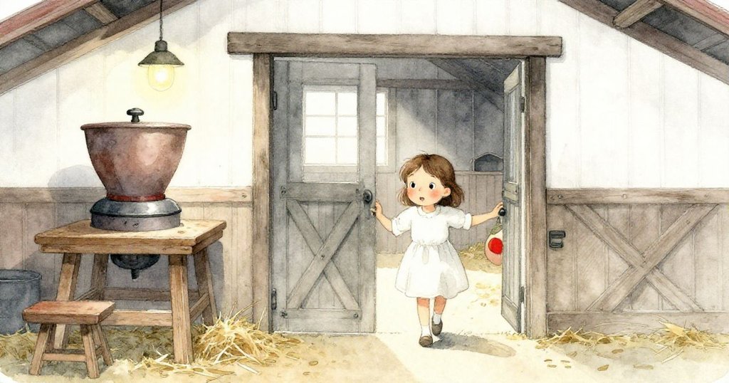 莉莉踏入溫暖穀倉, 透過開放門口進入充滿稻草與木質飼料磨的環境, 神情充滿好奇與期待.