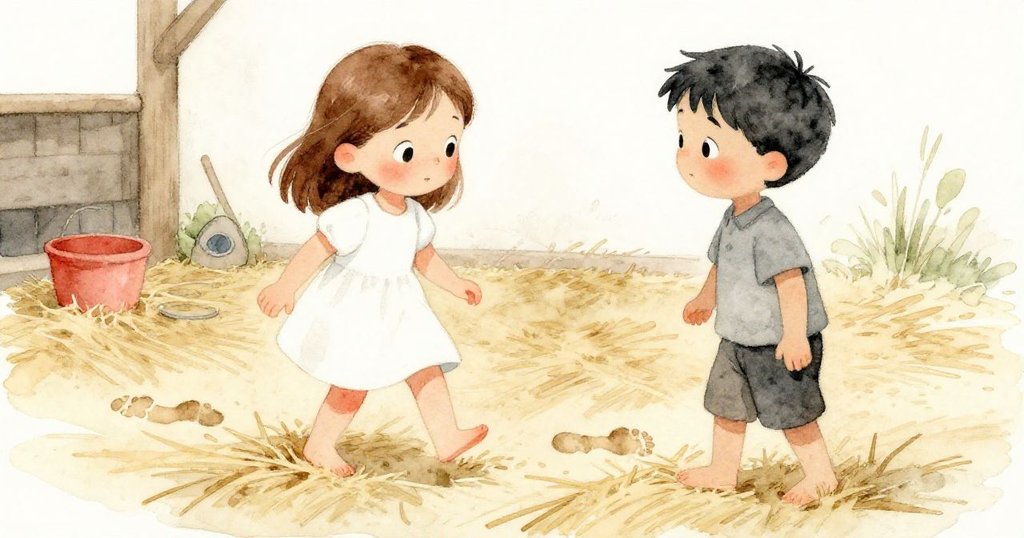 莉莉與喬德在穀倉中緩步前行, 足跡輕印於散落稻草上, 展現溫暖而細膩的互動.