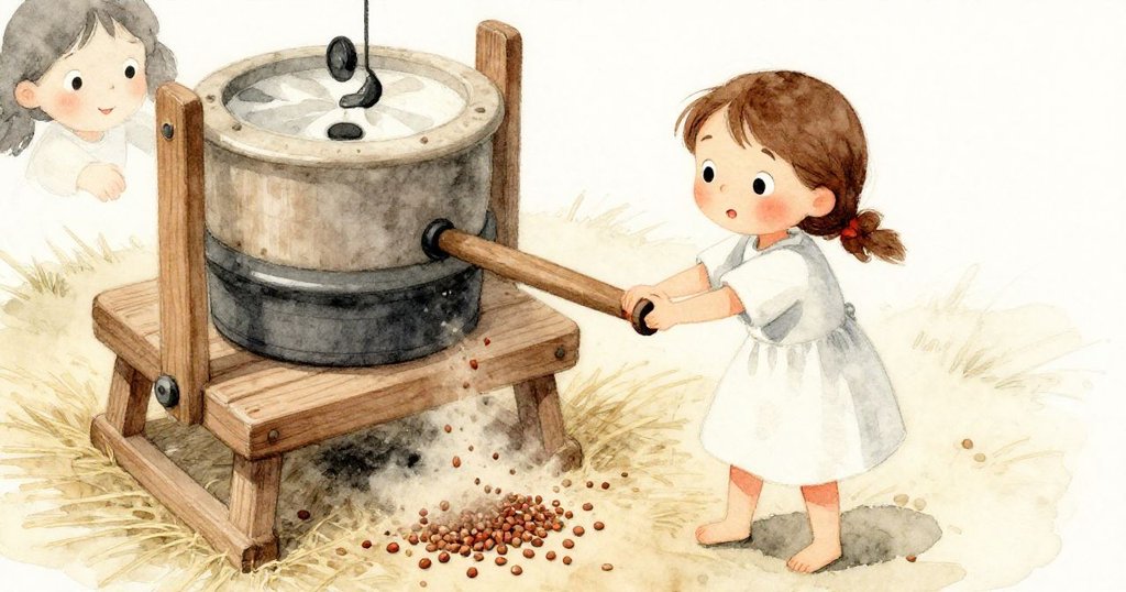 從高角度看見莉莉專注轉動木製飼料磨把, 灰塵穀粒緩緩展開螺旋, 展露出愉悅與好奇神情.