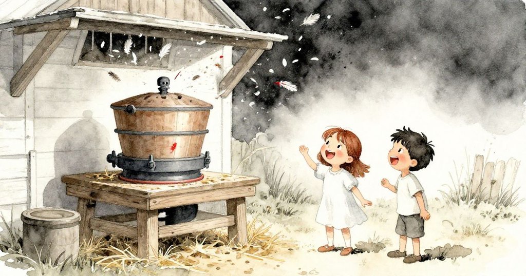 孩子們在穀倉內歡笑, 最後一圈磨輪緩轉, 羽毛與稻草隨微風飄出, 夜色中呈現寧靜美景.