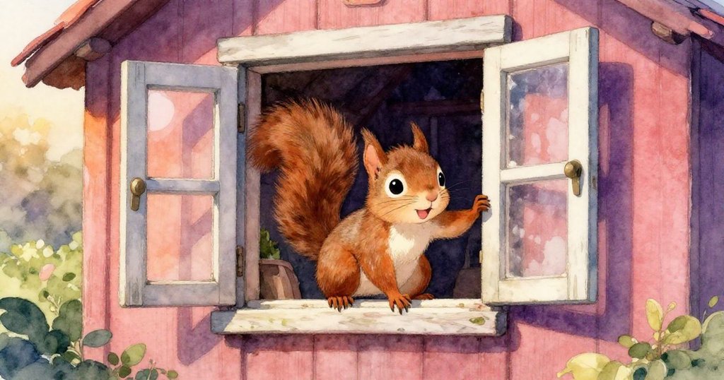 小松鼠Squeaky在溫暖早晨光線中爬入樹屋窗戶，動作活潑好奇，窗外綠意和柔和陽光襯托著寧靜氣氛。