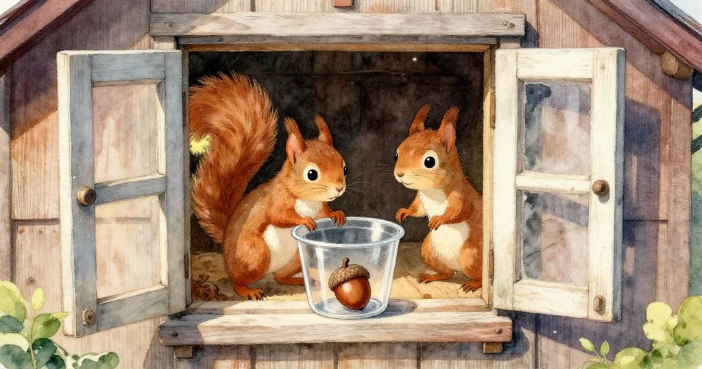 小松鼠Squeaky用小爪子輕輕撥動透明容器，細膩展現玻璃反光與木質地板的暖光細節。