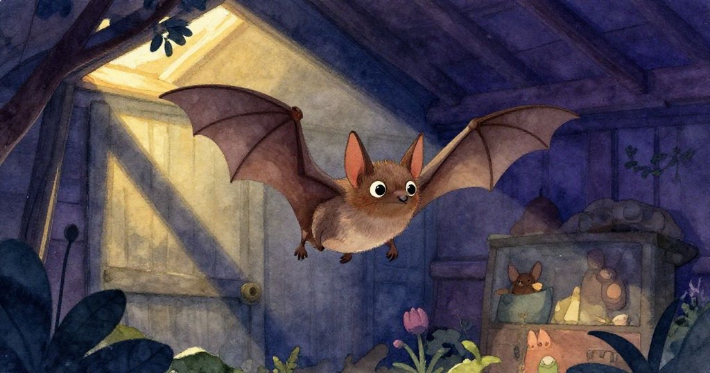 小蝙蝠Blink從低角度展現正在棚屋內飛翔，軟棕色翅膀沐浴在金色光束中，眼神充滿好奇與驚喜。