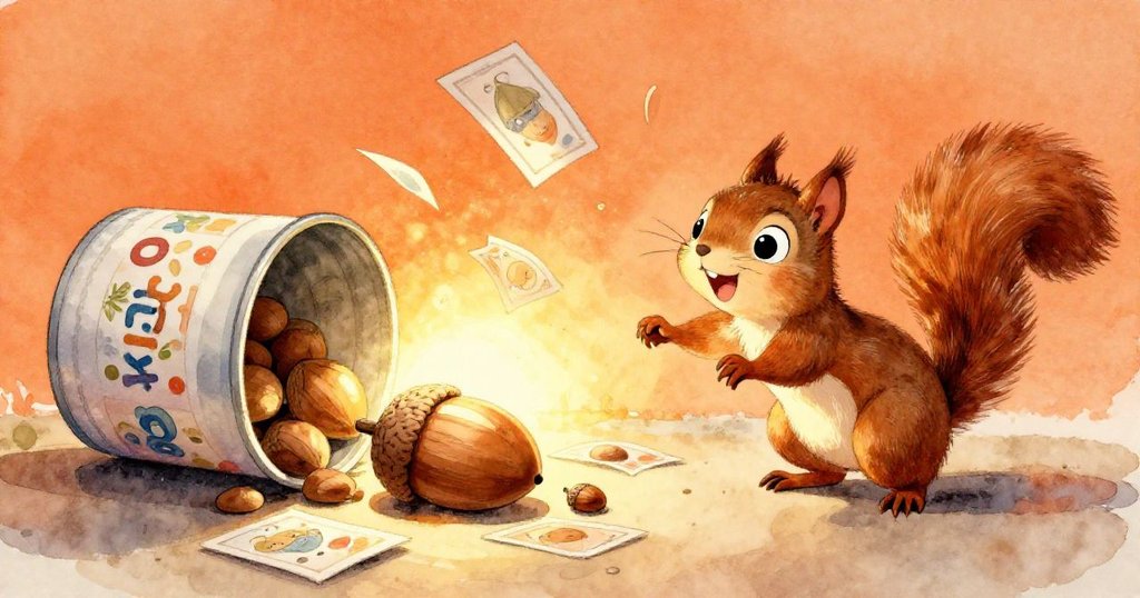 小松鼠Squeaky興奮地抓住從傾斜容器滑出的橢圓橡果，彩泥和飄舞卡片交織出發現的驚奇與快樂。