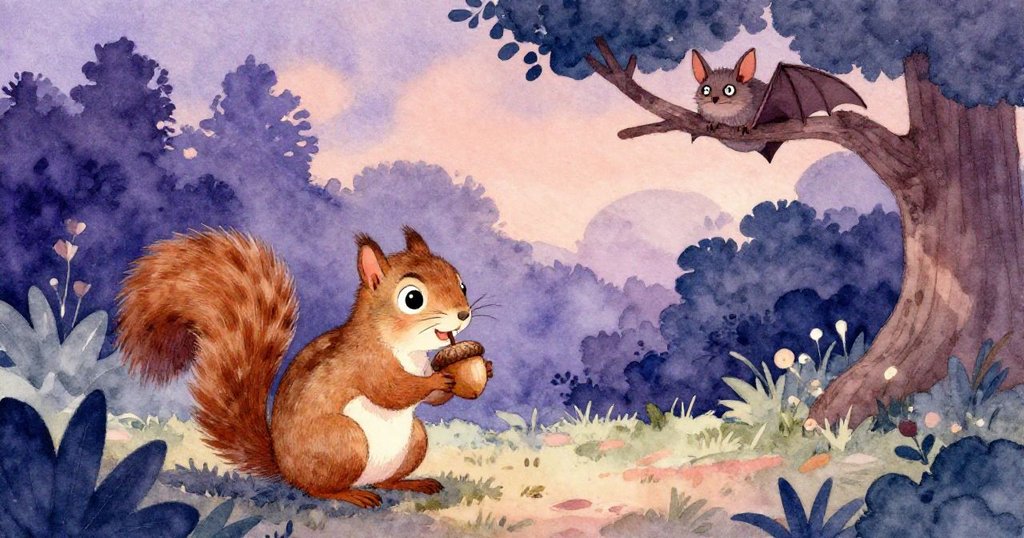 在寧靜花園中，小松鼠Squeaky啃著橡果，小蝙蝠Blink安靜棲於樹枝上，傍晚柔和光影中呈現出平和安逸情景。