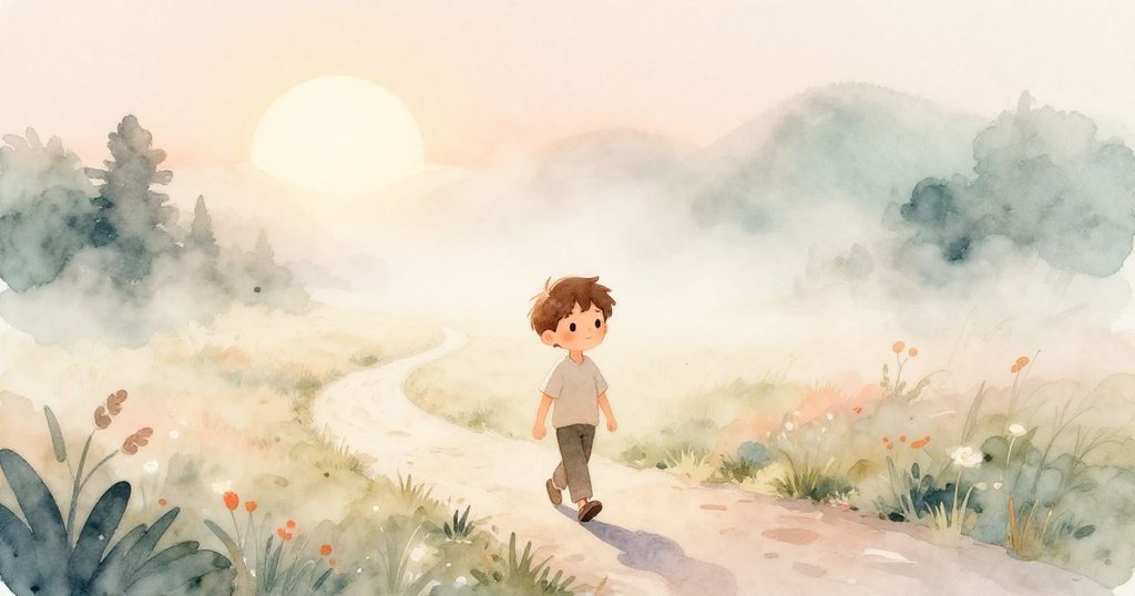 布雷克在清晨薄霧中走在蜿蜒小徑上，神情充滿期待，周圍光線柔和、環境開闊，色調以柔桃與米白為主。