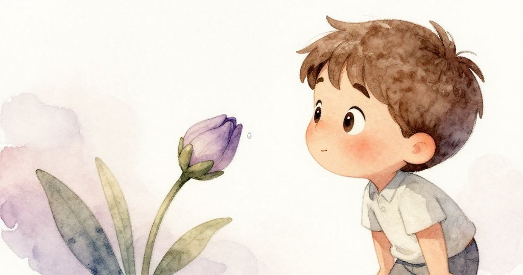 布雷克凝視著帶露珠的小花苞，臉上流露出驚奇之情，花苞細節豐富，背景以淡薰衣草灰與柔粉色呈現。